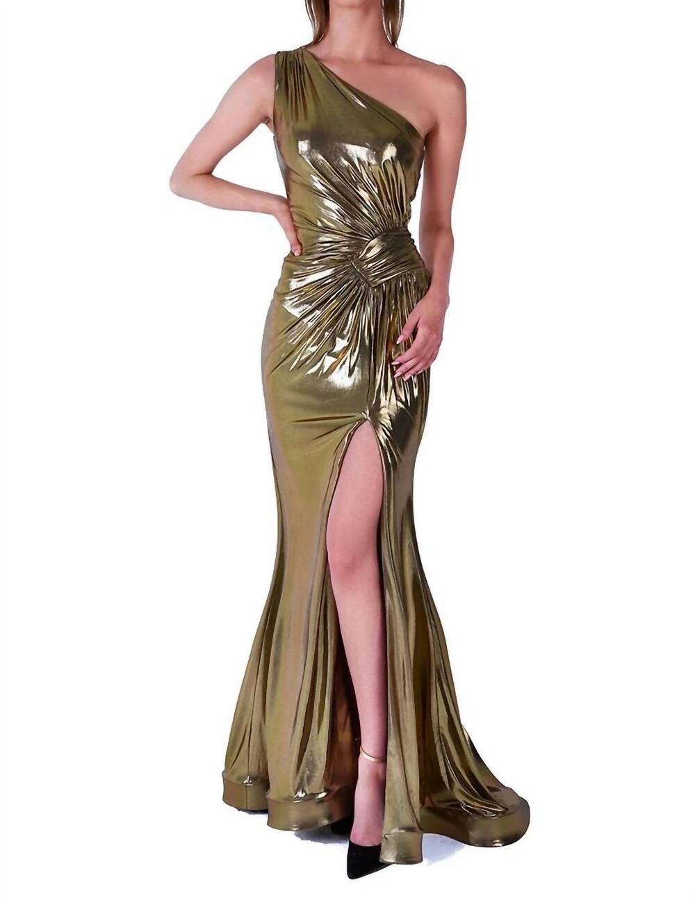 NEW JOLENE one shoulder metallic prom dress in dark gold